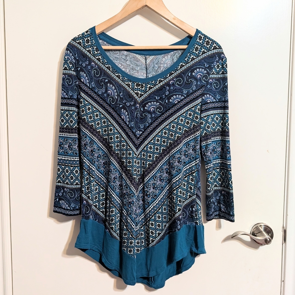 Croft & Barrow Blue Mixed Print Chevron Top - 3/4 Sleeve - Size S